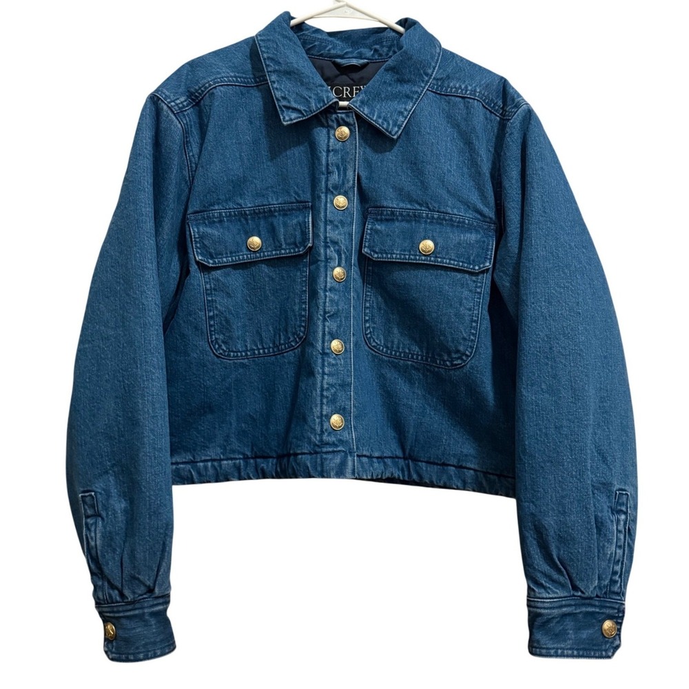 J.Crew Cropped Denim Puffer Quilted Denim Jacket XL Gold Crest Button BV698 NEW
